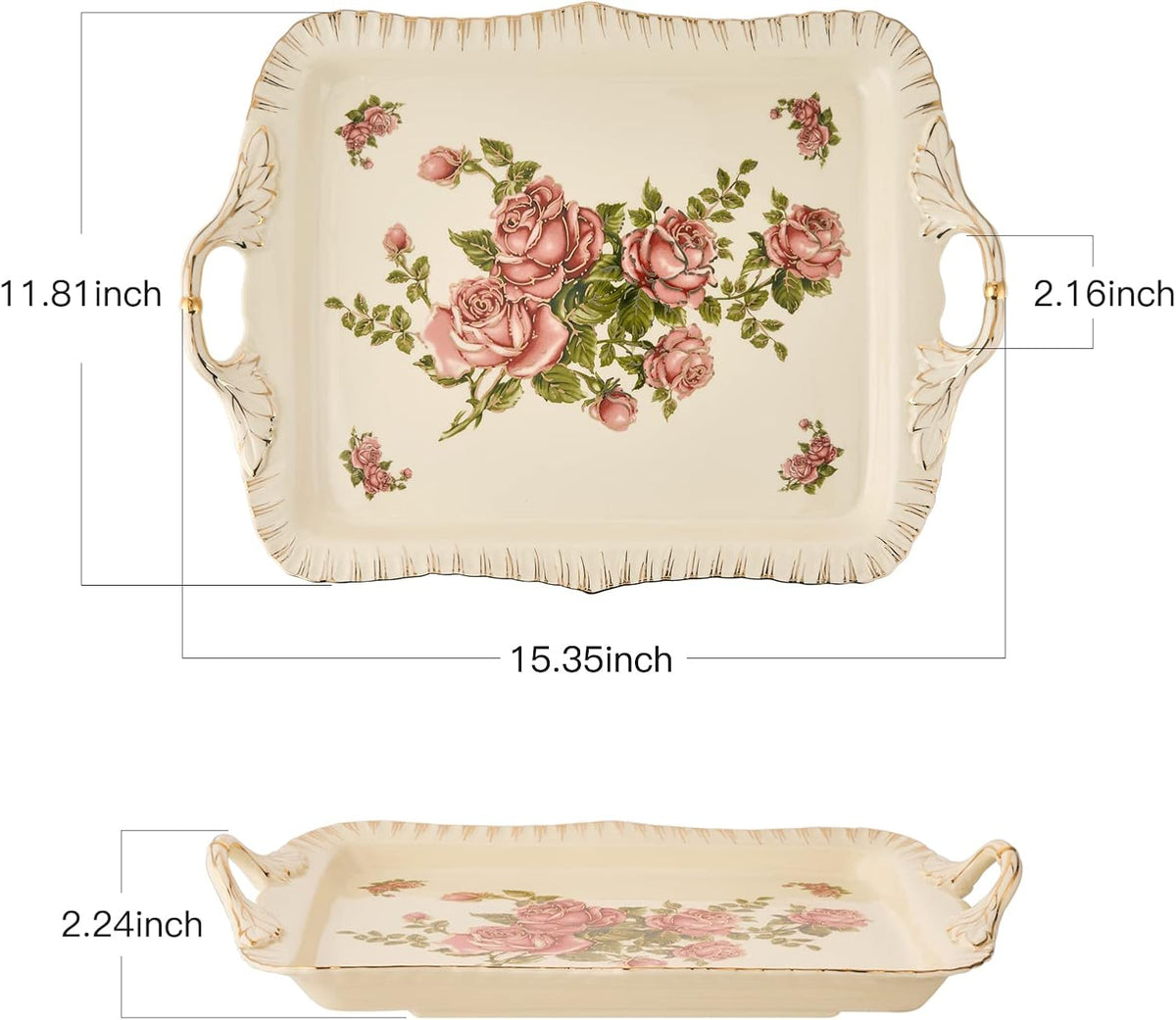 Ceramic Serving Tray, Pink Rose 15 X 11 inch