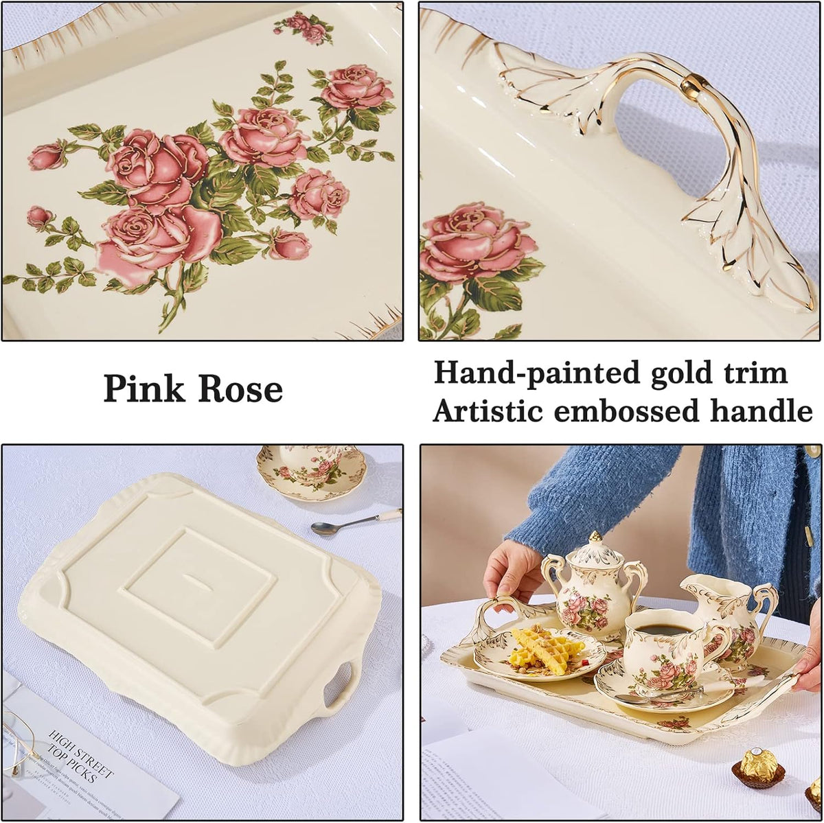 Ceramic Serving Tray, Pink Rose 15 X 11 inch