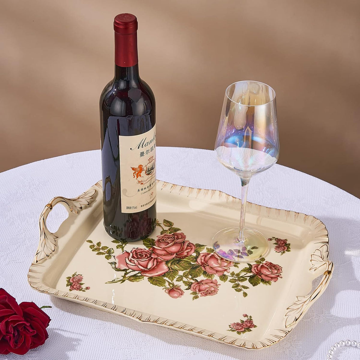 Ceramic Serving Tray, Pink Rose 15 X 11 inch