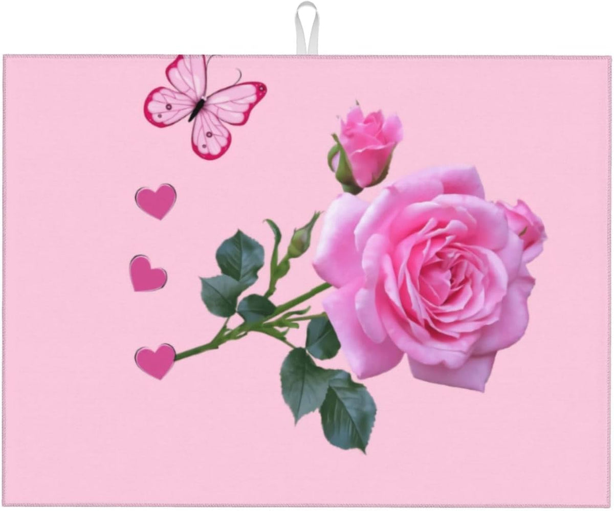 Dish Drying Mat Kitchen Counter Absorbent Light Pink Rose Floral Butterfly Floor Coffee Sink Mat Dish Drainer Pad 18 Inch X 24 Inch