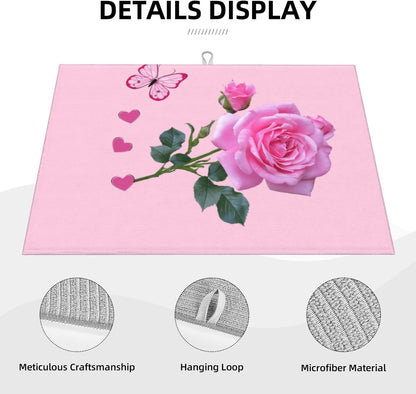 Dish Drying Mat Kitchen Counter Absorbent Light Pink Rose Floral Butterfly Floor Coffee Sink Mat Dish Drainer Pad 18 Inch X 24 Inch