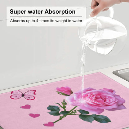 Dish Drying Mat Kitchen Counter Absorbent Light Pink Rose Floral Butterfly Floor Coffee Sink Mat Dish Drainer Pad 18 Inch X 24 Inch