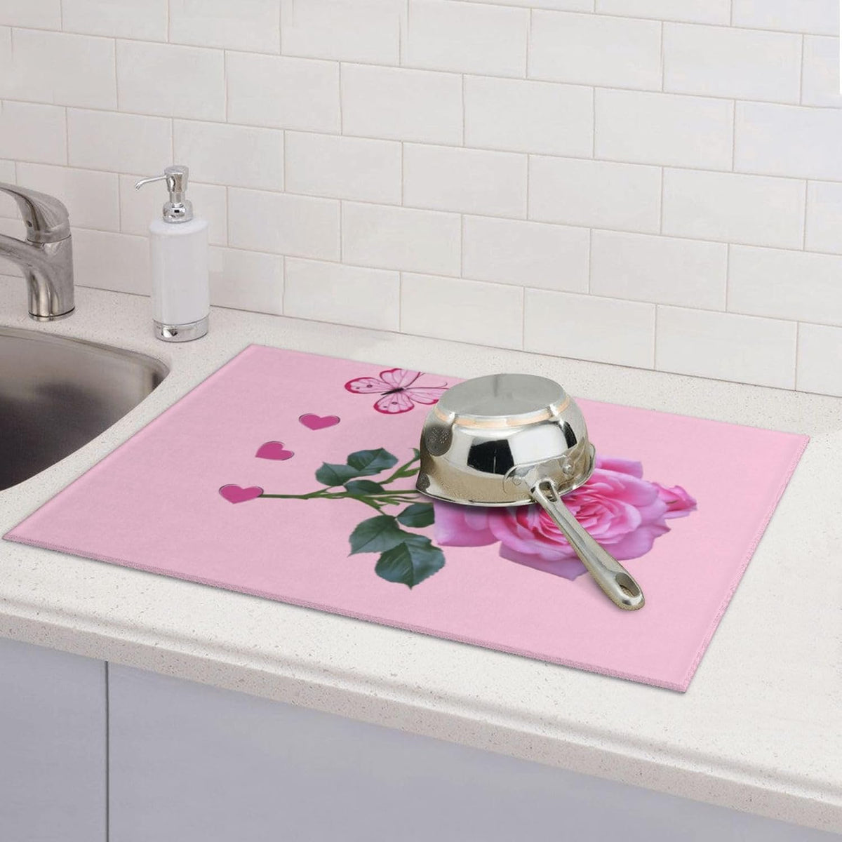 Dish Drying Mat Kitchen Counter Absorbent Light Pink Rose Floral Butterfly Floor Coffee Sink Mat Dish Drainer Pad 18 Inch X 24 Inch
