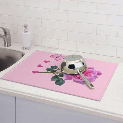 Dish Drying Mat Kitchen Counter Absorbent Light Pink Rose Floral Butterfly Floor Coffee Sink Mat Dish Drainer Pad 18 Inch X 24 Inch