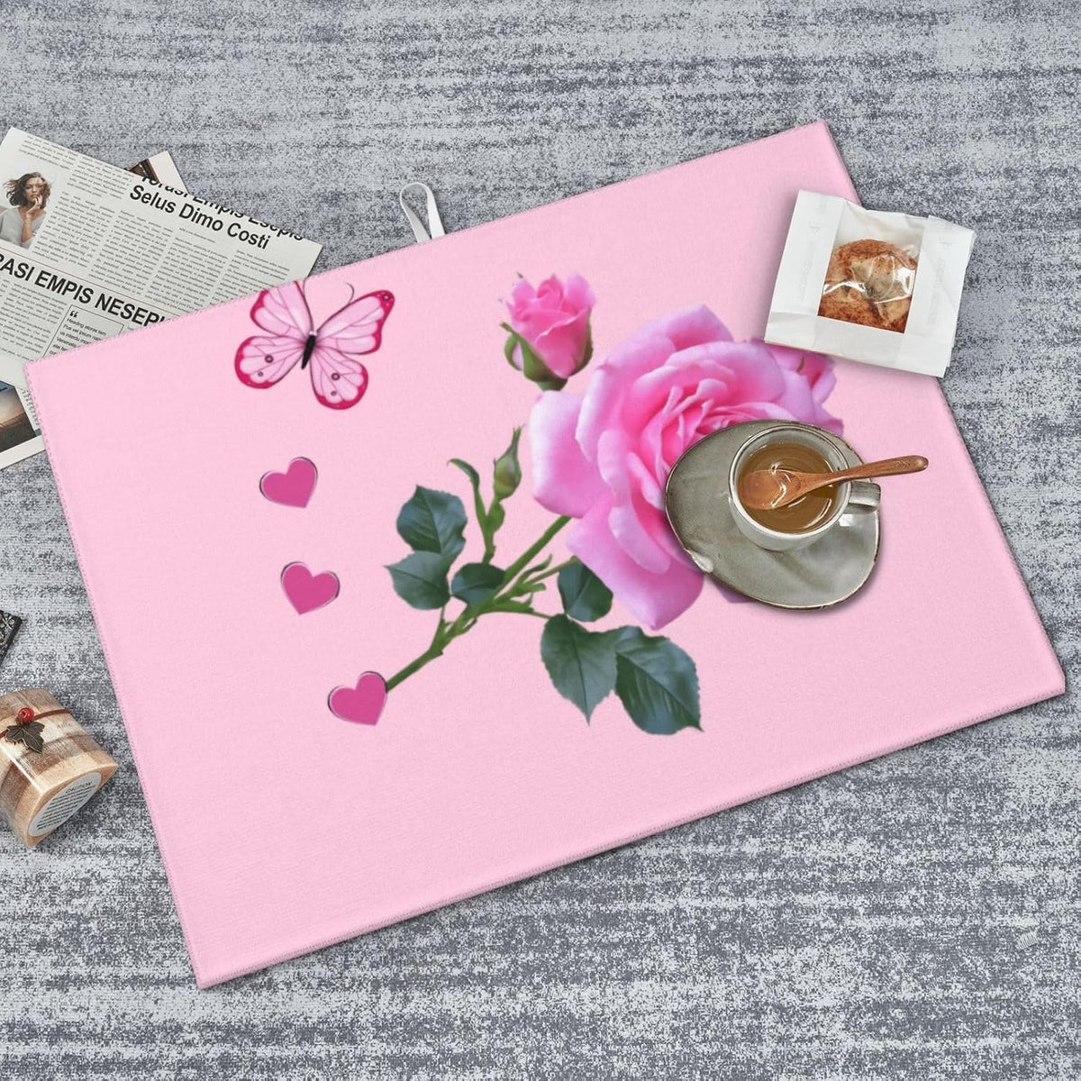 Dish Drying Mat Kitchen Counter Absorbent Light Pink Rose Floral Butterfly Floor Coffee Sink Mat Dish Drainer Pad 18 Inch X 24 Inch