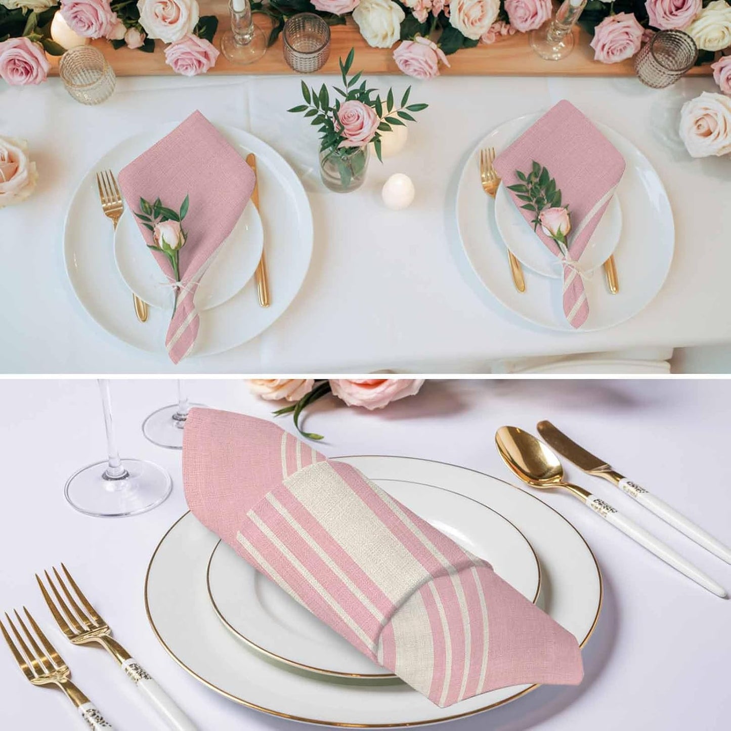Cloth Napkins Set of 4, Modern Vintage Stripe on Linen Dinner Napkins Soft Absorbent Table Napkin for Home Cocktail Party Wedding, Pink Background