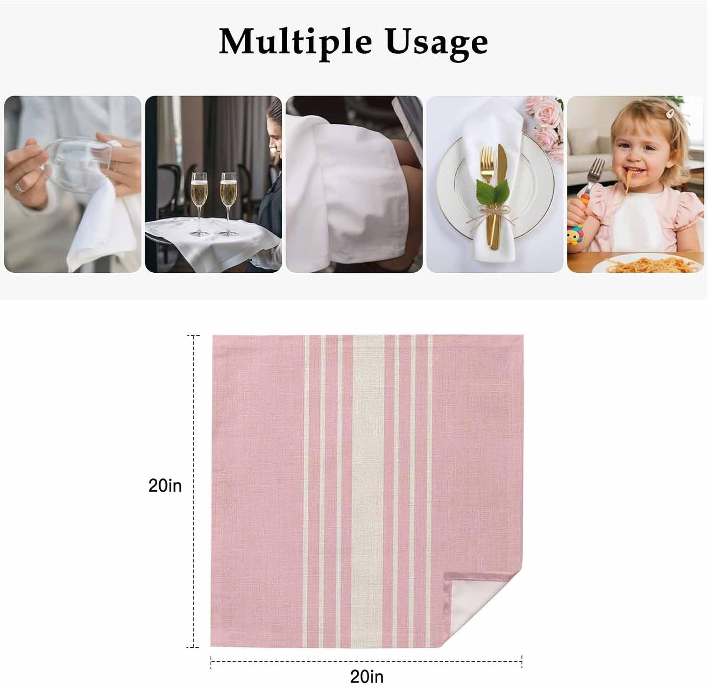 Cloth Napkins Set of 4, Modern Vintage Stripe on Linen Dinner Napkins Soft Absorbent Table Napkin for Home Cocktail Party Wedding, Pink Background