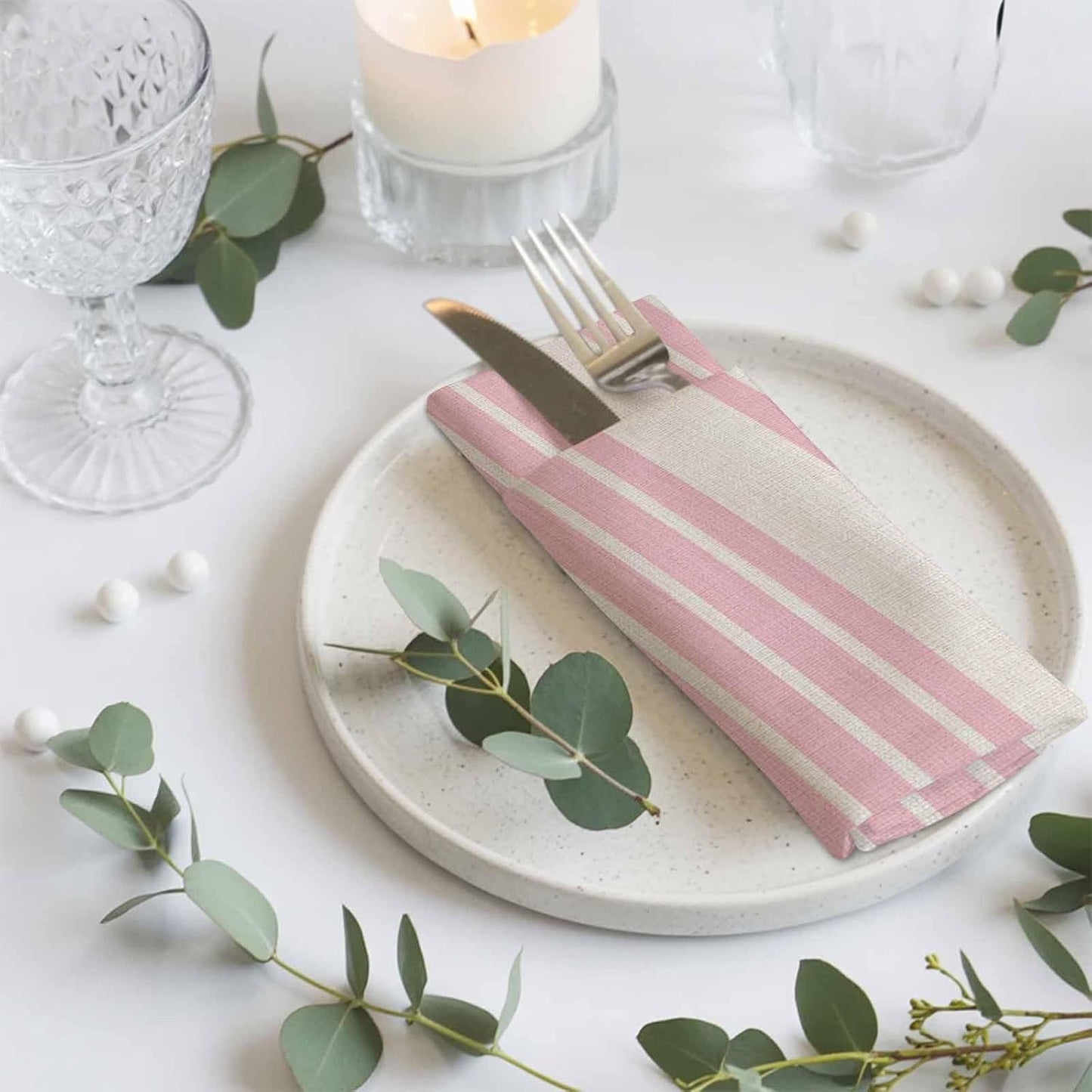 Cloth Napkins Set of 4, Modern Vintage Stripe on Linen Dinner Napkins Soft Absorbent Table Napkin for Home Cocktail Party Wedding, Pink Background