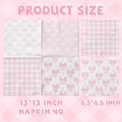 Pink Bow Decorations Napkins,40pcs Bow Paper Napkins Disposable Pink Bow Napkins for Girls Coquette Birthday Bow Party Baby Shower Supplies