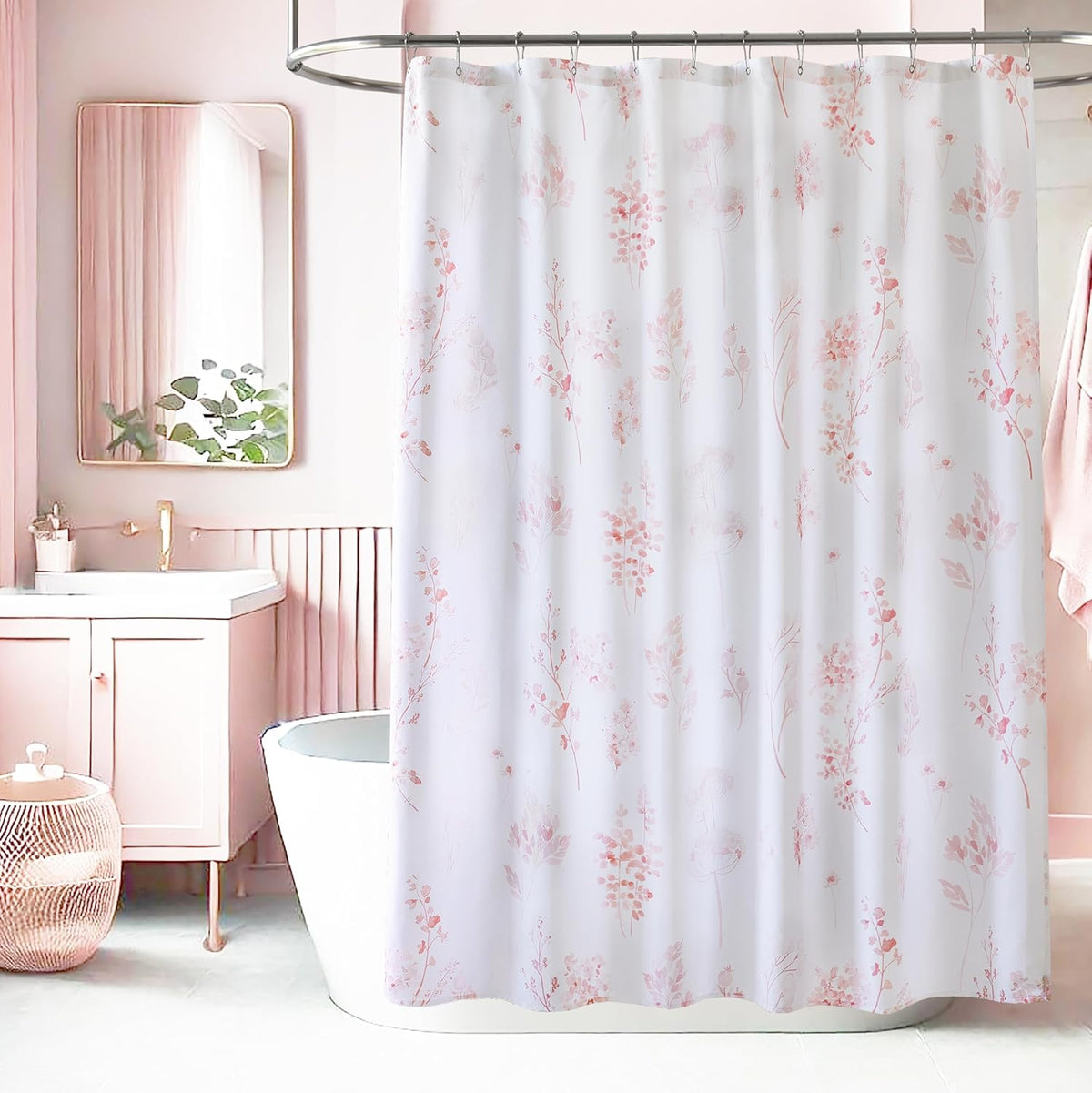 Pink Cute Floral Shower Curtain for Dorm Bathroom - Waterproof Fabric Pretty Light Pastel Coquette Boho French Country Flower Shower Curtains for Teen Girls Women with Hooks 72x72