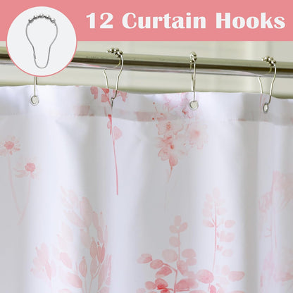 Pink Cute Floral Shower Curtain for Dorm Bathroom - Waterproof Fabric Pretty Light Pastel Coquette Boho French Country Flower Shower Curtains for Teen Girls Women with Hooks 72x72