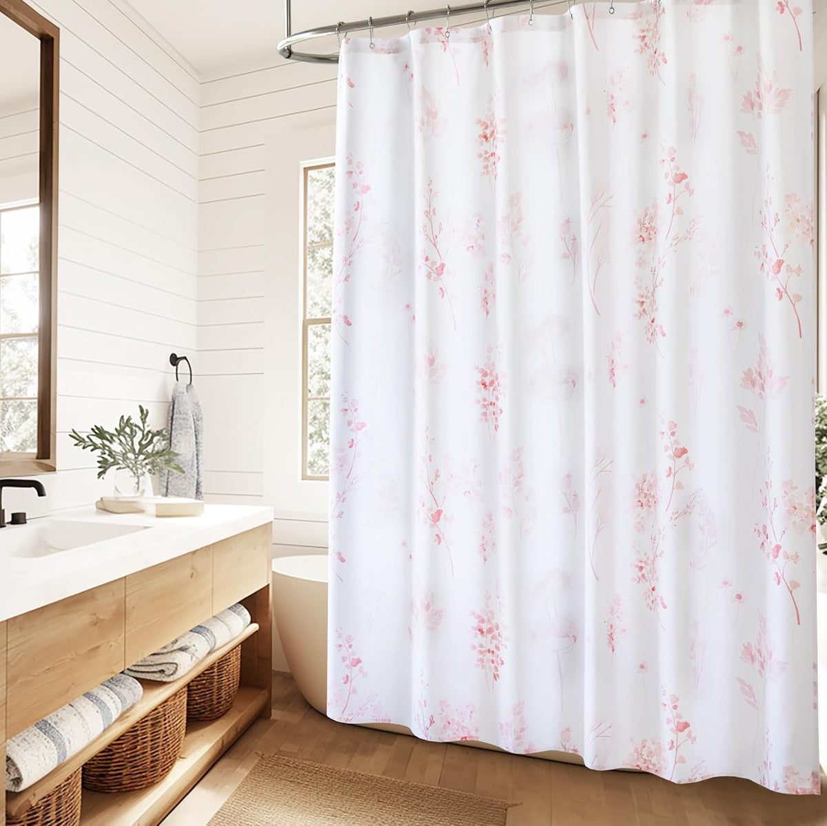 Pink Cute Floral Shower Curtain for Dorm Bathroom - Waterproof Fabric Pretty Light Pastel Coquette Boho French Country Flower Shower Curtains for Teen Girls Women with Hooks 72x72