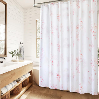 Pink Cute Floral Shower Curtain for Dorm Bathroom - Waterproof Fabric Pretty Light Pastel Coquette Boho French Country Flower Shower Curtains for Teen Girls Women with Hooks 72x72