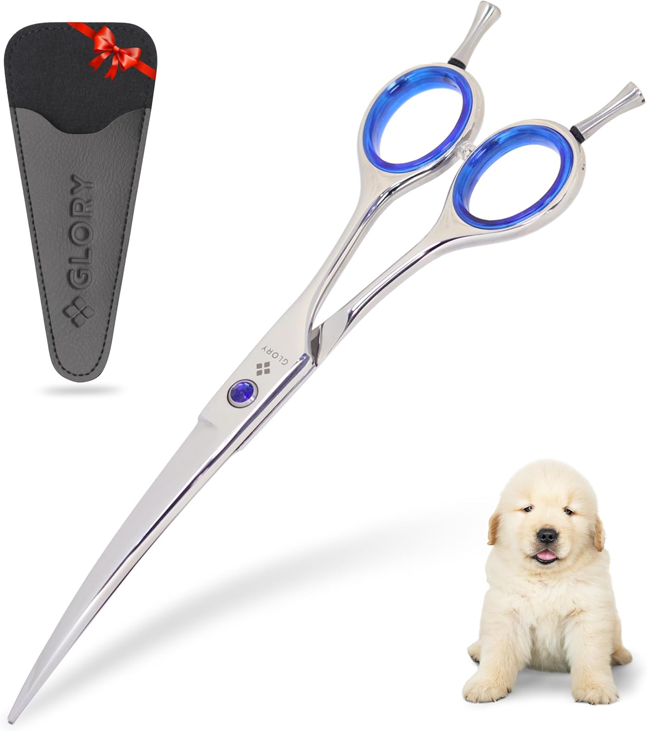 GLORY Professional Curved Dog Grooming Scissors, 7.5 Inches Stainless Steel Pet Shears for Dogs & Cats, Sharp Trimming Scissor for Face, Paws & Body - Ergonomic Home & Salon Use