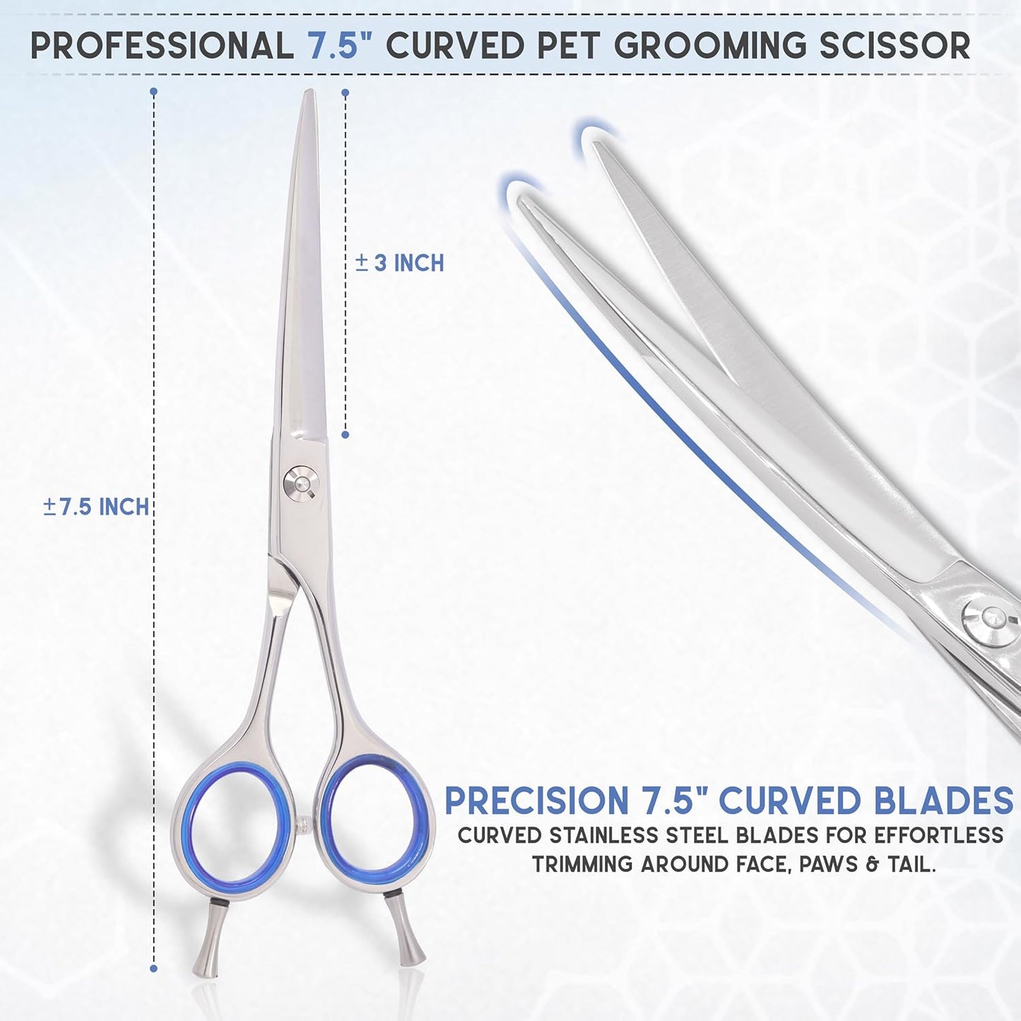 GLORY Professional Curved Dog Grooming Scissors, 7.5 Inches Stainless Steel Pet Shears for Dogs & Cats, Sharp Trimming Scissor for Face, Paws & Body - Ergonomic Home & Salon Use