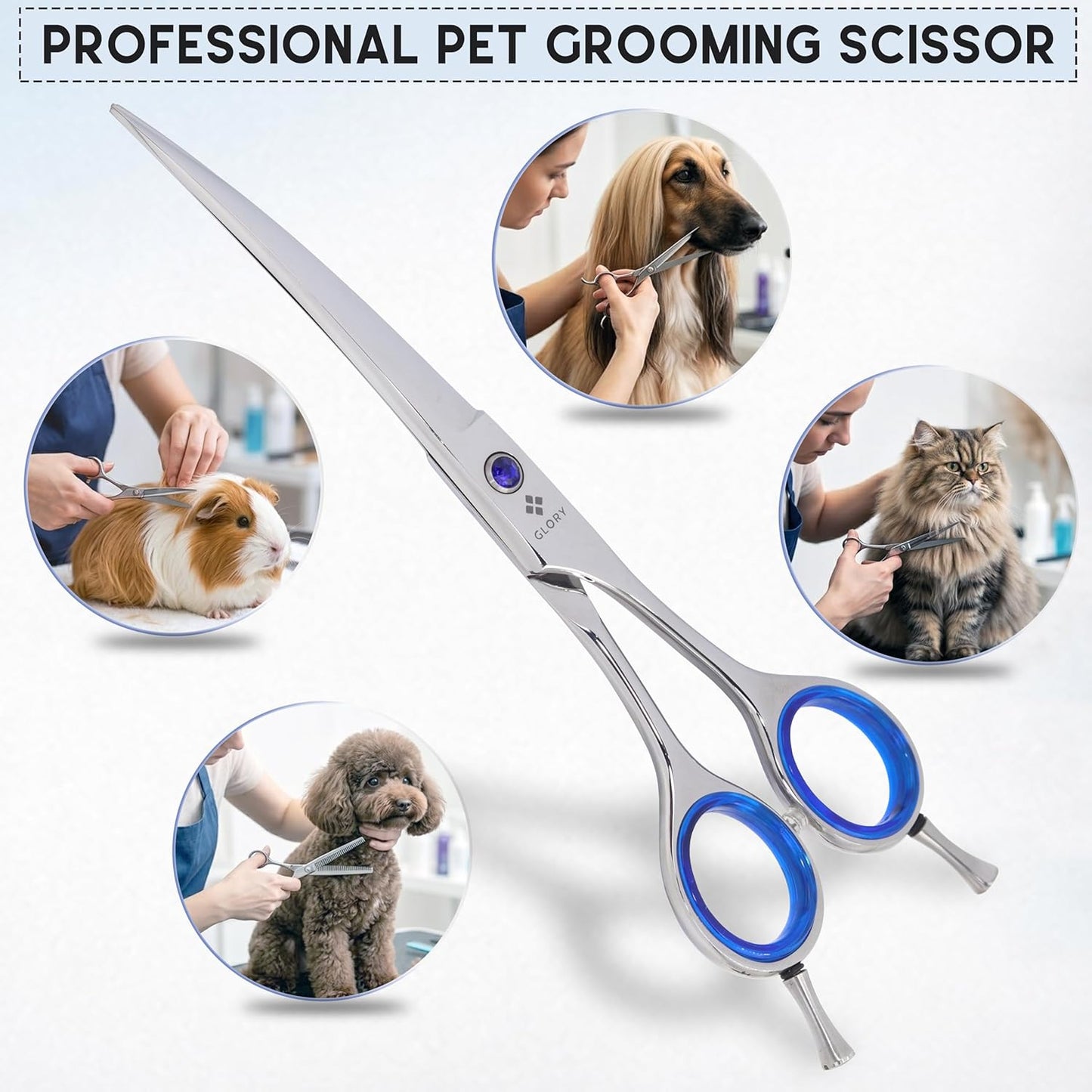 GLORY Professional Curved Dog Grooming Scissors, 7.5 Inches Stainless Steel Pet Shears for Dogs & Cats, Sharp Trimming Scissor for Face, Paws & Body - Ergonomic Home & Salon Use