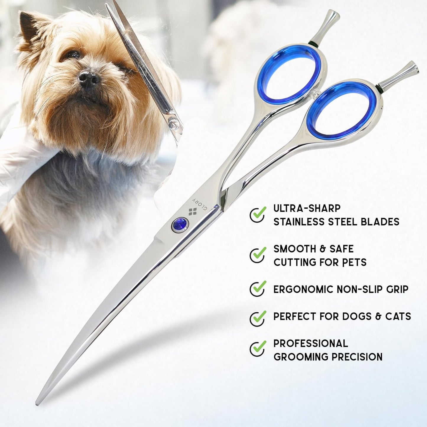 GLORY Professional Curved Dog Grooming Scissors, 7.5 Inches Stainless Steel Pet Shears for Dogs & Cats, Sharp Trimming Scissor for Face, Paws & Body - Ergonomic Home & Salon Use