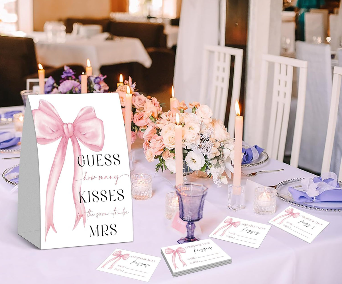 How Many Kisses Bridal Shower Game, Pink Bow Wedding Games for Guest, Engagement Party Games, Bachelorette Party Night, Bridal Shower Games Ideas, Wedding Shower Decorations, 1 Sign and 50 Cards