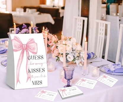 How Many Kisses Bridal Shower Game, Pink Bow Wedding Games for Guest, Engagement Party Games, Bachelorette Party Night, Bridal Shower Games Ideas, Wedding Shower Decorations, 1 Sign and 50 Cards