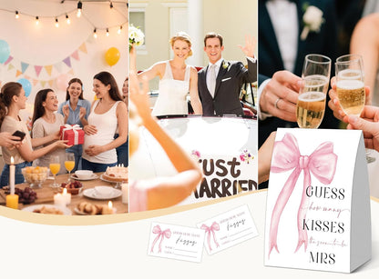 How Many Kisses Bridal Shower Game, Pink Bow Wedding Games for Guest, Engagement Party Games, Bachelorette Party Night, Bridal Shower Games Ideas, Wedding Shower Decorations, 1 Sign and 50 Cards