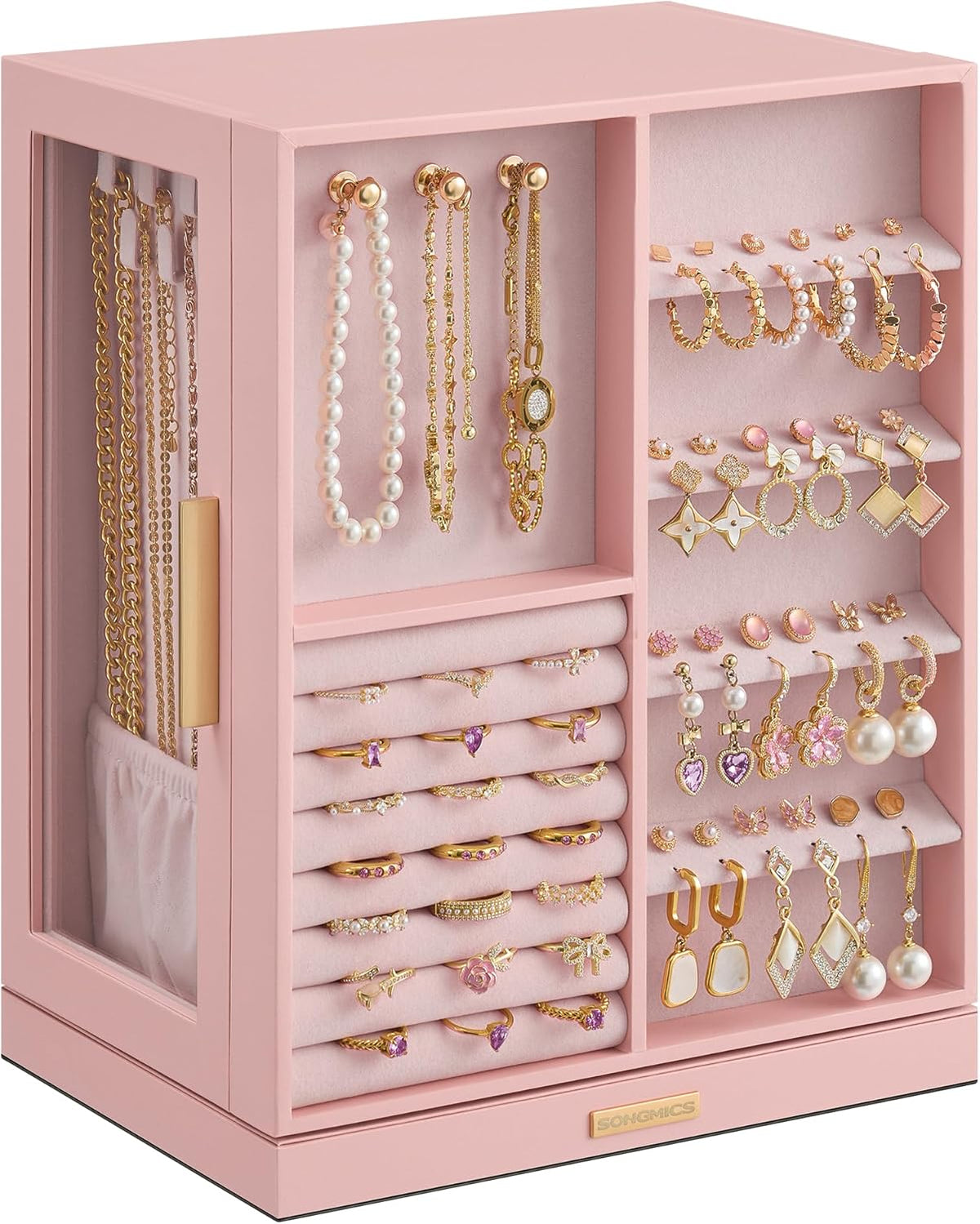 SONGMICS Jewelry Box Organizer, 360° Rotating, 5 Drawers, Jelly Pink