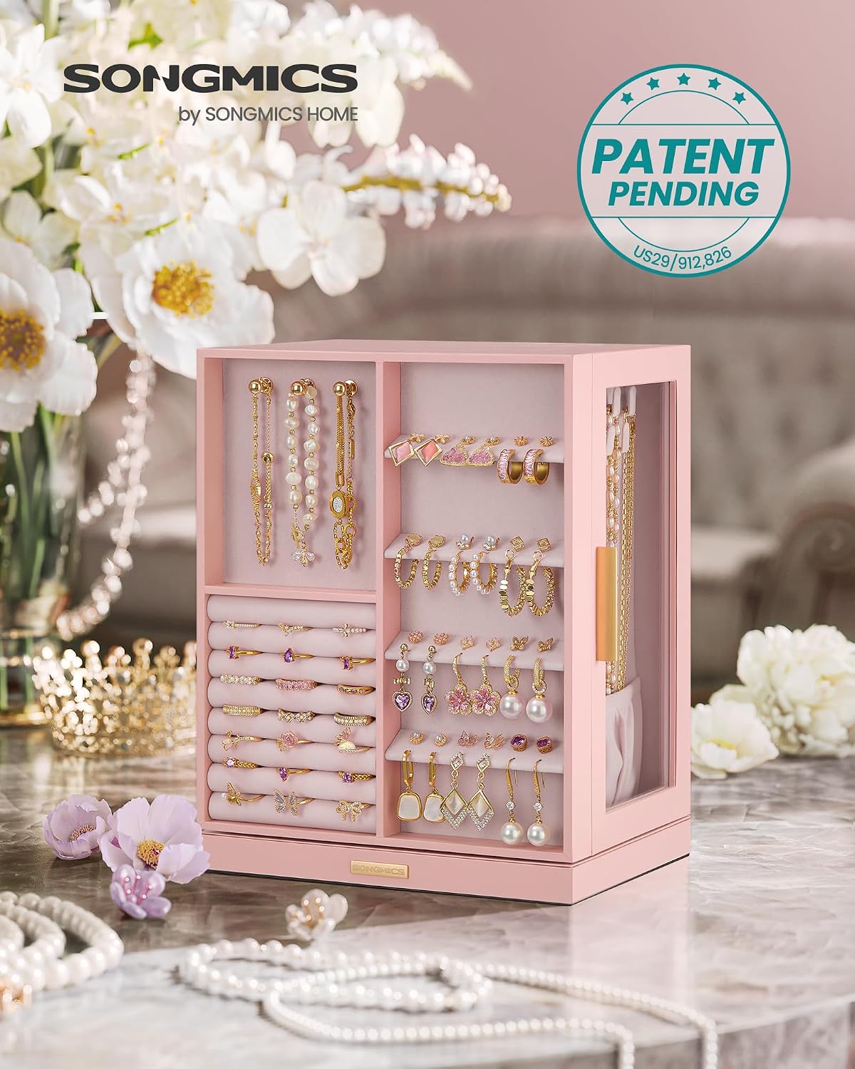 SONGMICS Jewelry Box Organizer, 360° Rotating, 5 Drawers, Jelly Pink