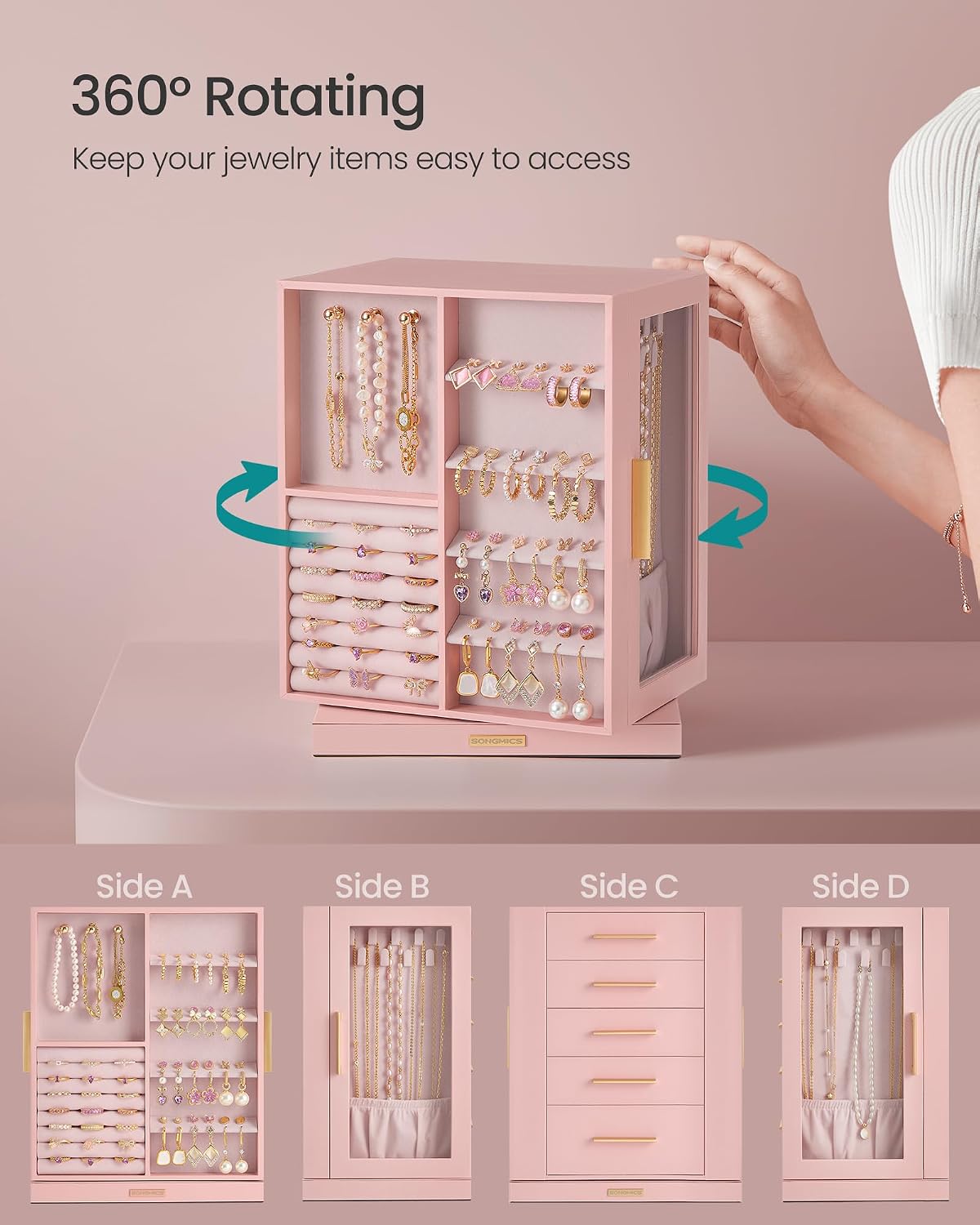 SONGMICS Jewelry Box Organizer, 360° Rotating, 5 Drawers, Jelly Pink