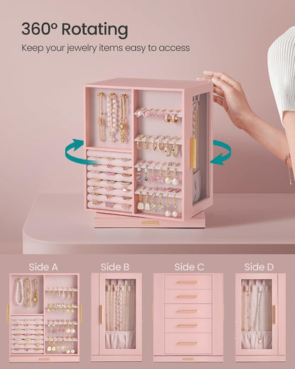 SONGMICS Jewelry Box Organizer, 360° Rotating, 5 Drawers, Jelly Pink