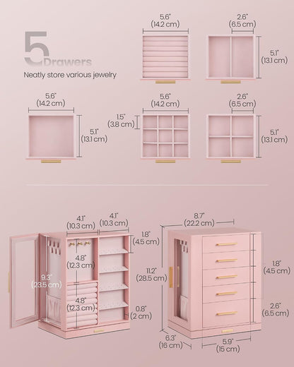 SONGMICS Jewelry Box Organizer, 360° Rotating, 5 Drawers, Jelly Pink