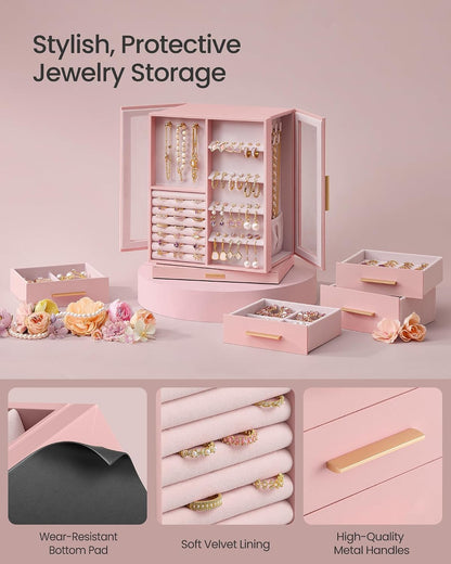 SONGMICS Jewelry Box Organizer, 360° Rotating, 5 Drawers, Jelly Pink