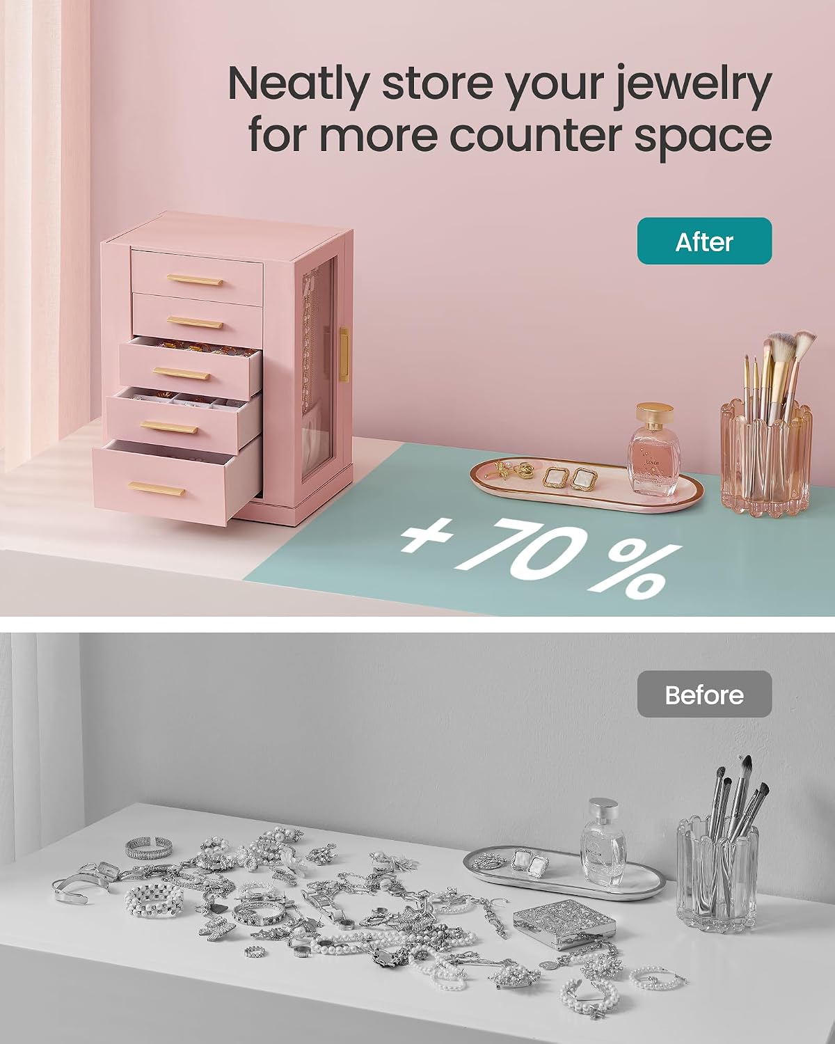 SONGMICS Jewelry Box Organizer, 360° Rotating, 5 Drawers, Jelly Pink