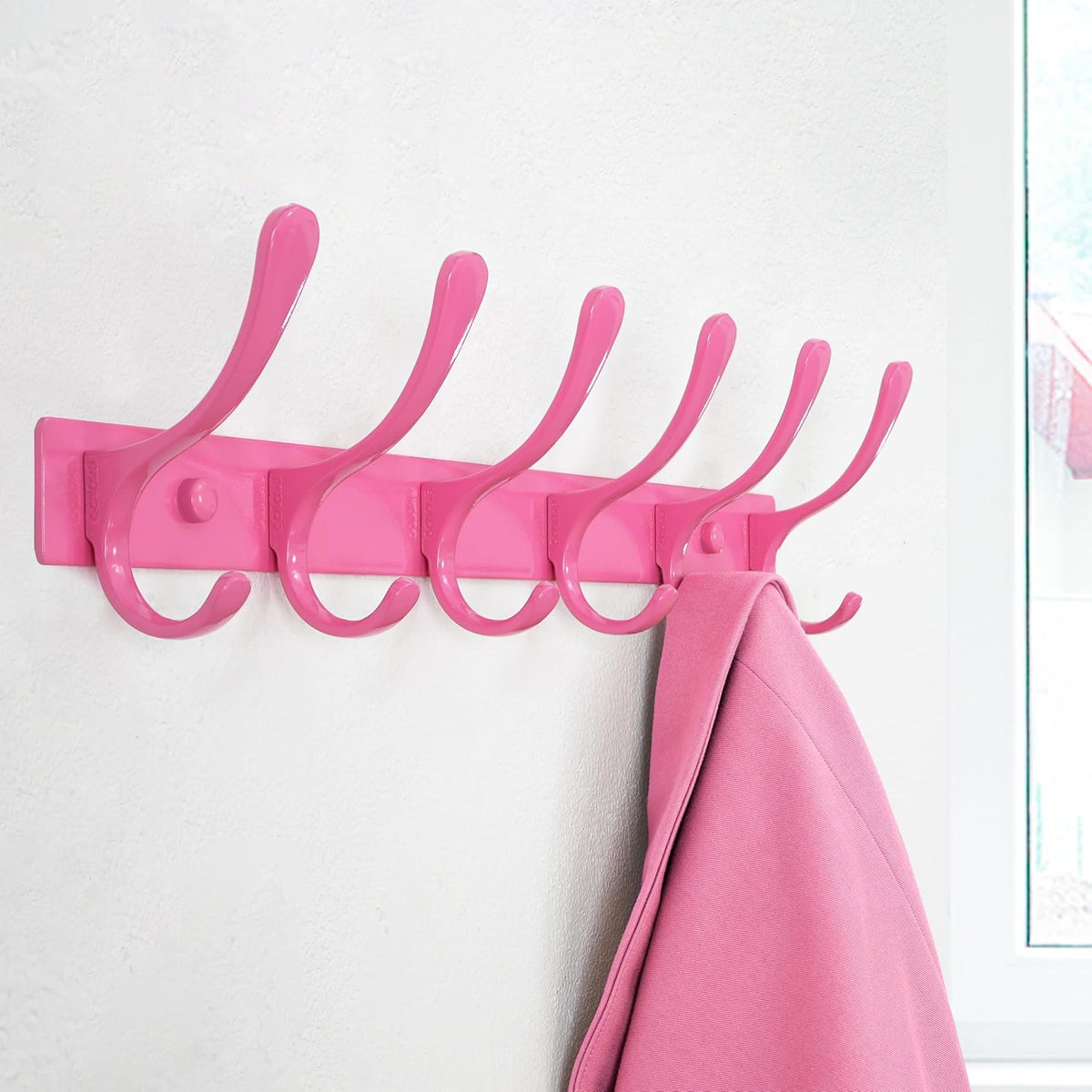 Wall Mounted Coat Rack - 6 Hooks, Pack of 2, Heavy Duty, Stainless Steel, Metal Wall Hanger, Sturdy Coat Hooks for Hanging Coats, Jackets, Clothes, Hats - Pink