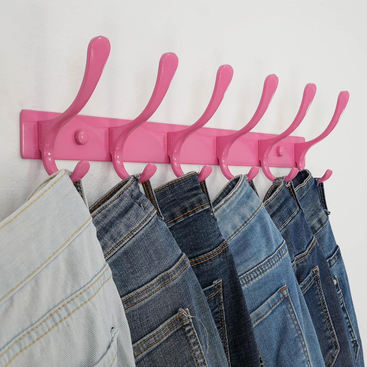 Wall Mounted Coat Rack - 6 Hooks, Pack of 2, Heavy Duty, Stainless Steel, Metal Wall Hanger, Sturdy Coat Hooks for Hanging Coats, Jackets, Clothes, Hats - Pink