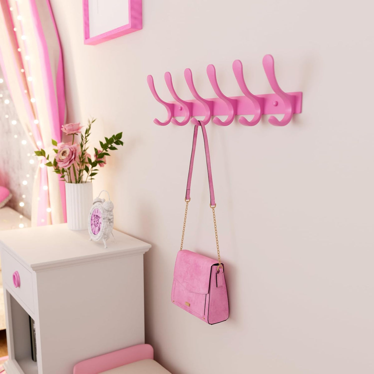 Wall Mounted Coat Rack - 6 Hooks, Pack of 2, Heavy Duty, Stainless Steel, Metal Wall Hanger, Sturdy Coat Hooks for Hanging Coats, Jackets, Clothes, Hats - Pink
