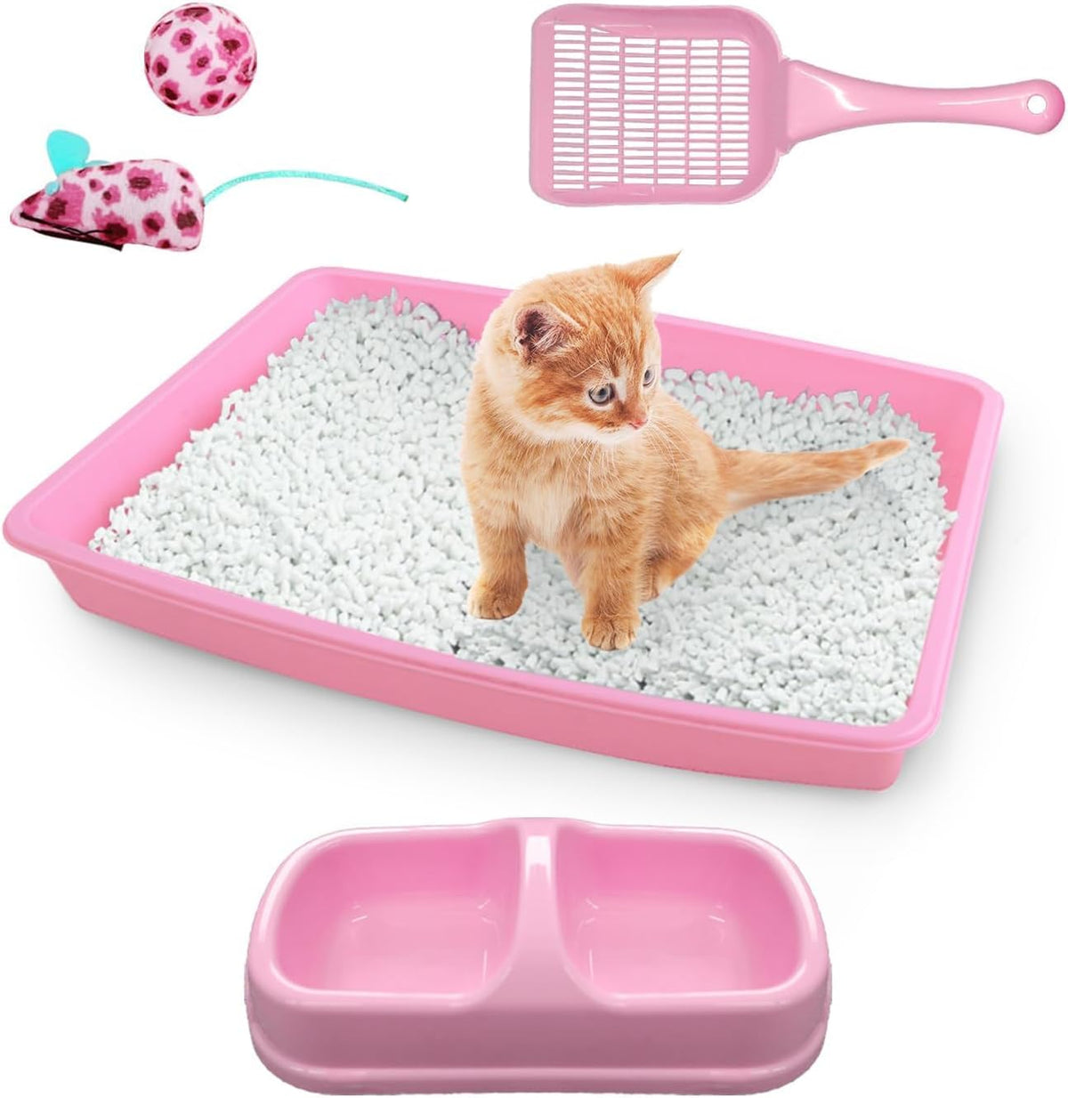 Cat Litter Box Set, Small Kitten Starter Kit, Includes Litter Box, Litter Scoop, Double Dish Feeding Bowl, Cat Mouse Toy, Kitty Ball Toy, Pink