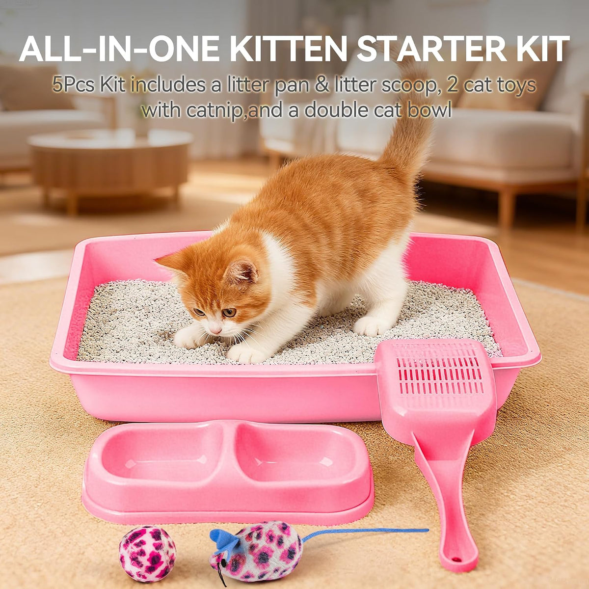 Cat Litter Box Set, Small Kitten Starter Kit, Includes Litter Box, Litter Scoop, Double Dish Feeding Bowl, Cat Mouse Toy, Kitty Ball Toy, Pink