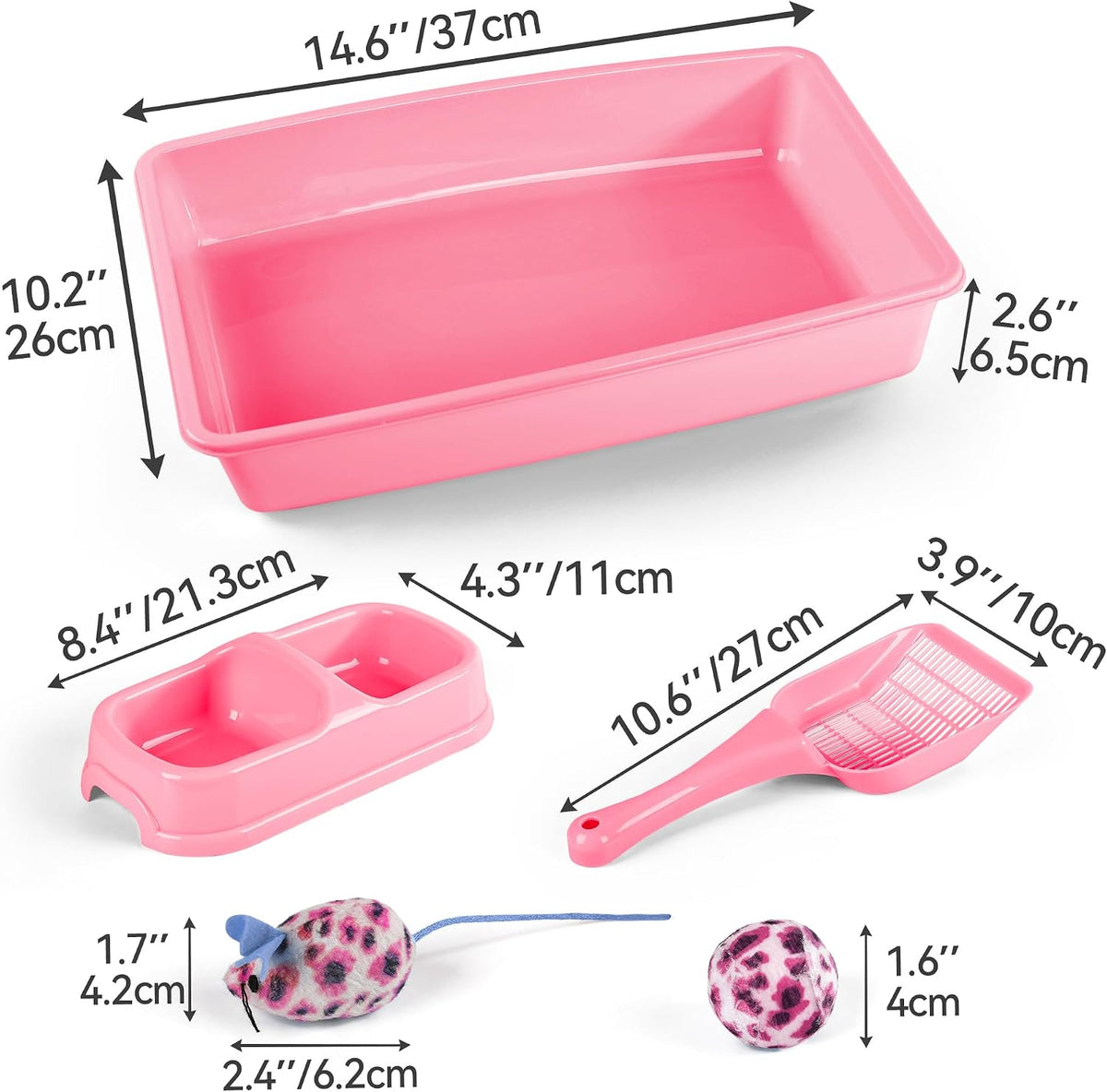 Cat Litter Box Set, Small Kitten Starter Kit, Includes Litter Box, Litter Scoop, Double Dish Feeding Bowl, Cat Mouse Toy, Kitty Ball Toy, Pink