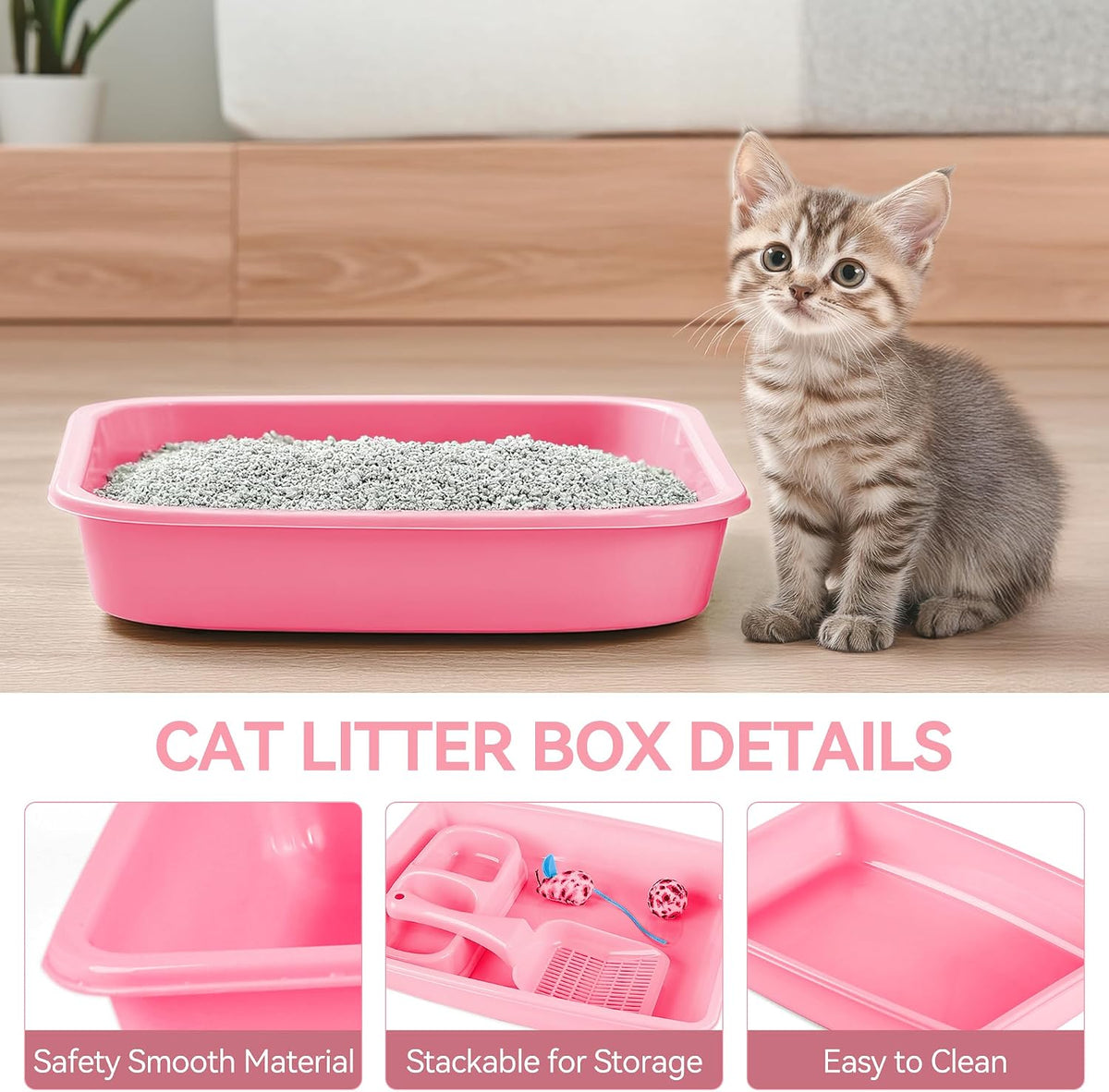Cat Litter Box Set, Small Kitten Starter Kit, Includes Litter Box, Litter Scoop, Double Dish Feeding Bowl, Cat Mouse Toy, Kitty Ball Toy, Pink
