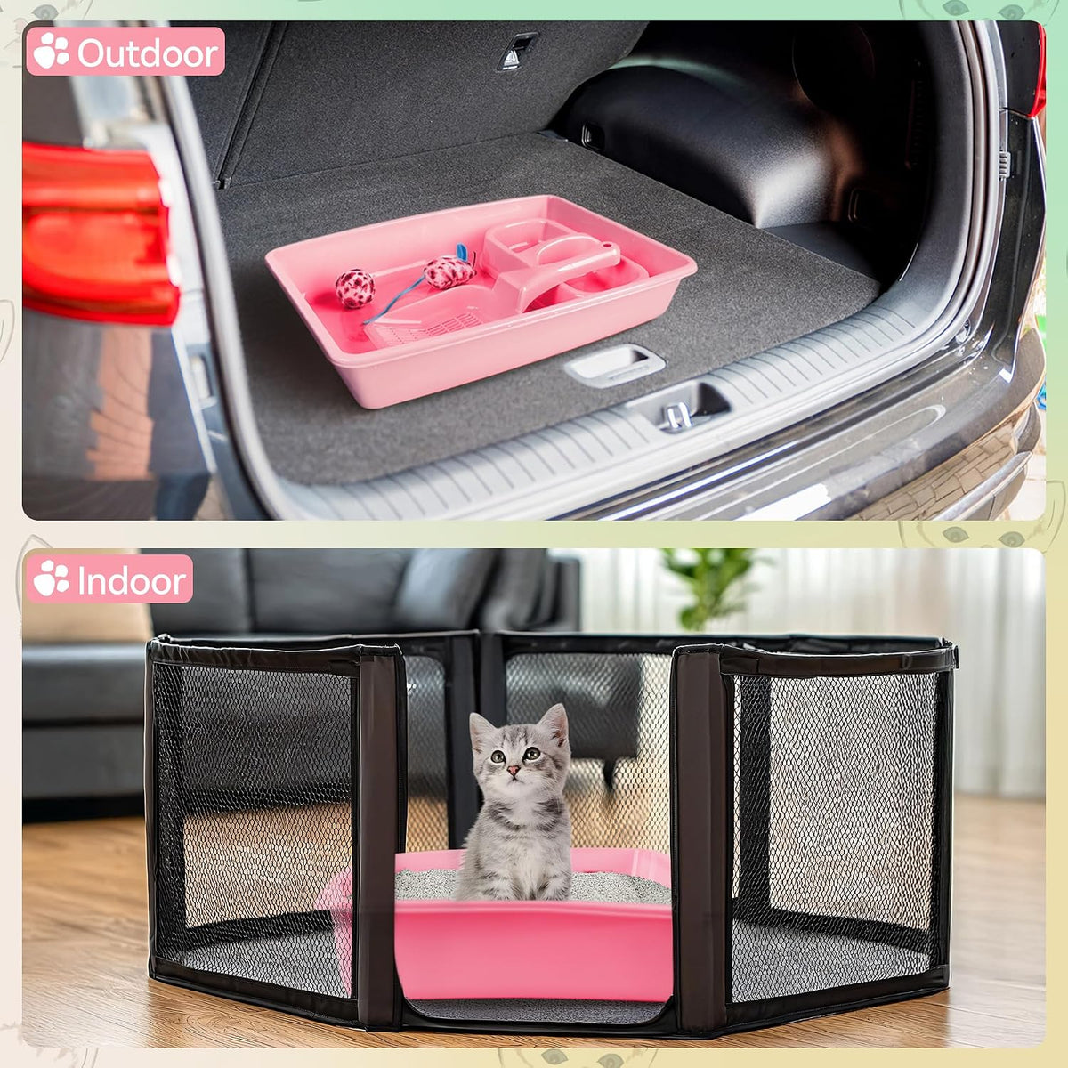 Cat Litter Box Set, Small Kitten Starter Kit, Includes Litter Box, Litter Scoop, Double Dish Feeding Bowl, Cat Mouse Toy, Kitty Ball Toy, Pink