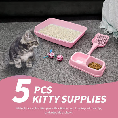 Cat Litter Box Set, Small Kitten Starter Kit, Includes Litter Box, Litter Scoop, Double Dish Feeding Bowl, Cat Mouse Toy, Kitty Ball Toy, Pink
