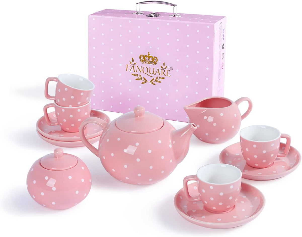 Porcelain Tea Service Set for Girls Women, 12Pieces Pink and Polka Dot Tea Sets with Box for Holiday Gifting Party