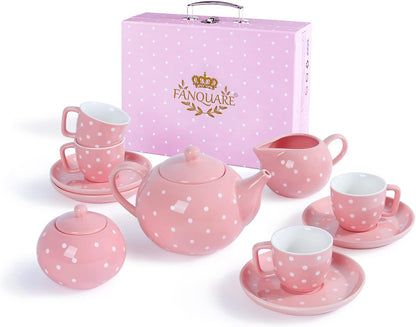 Porcelain Tea Service Set for Girls Women, 12Pieces Pink and Polka Dot Tea Sets with Box for Holiday Gifting Party
