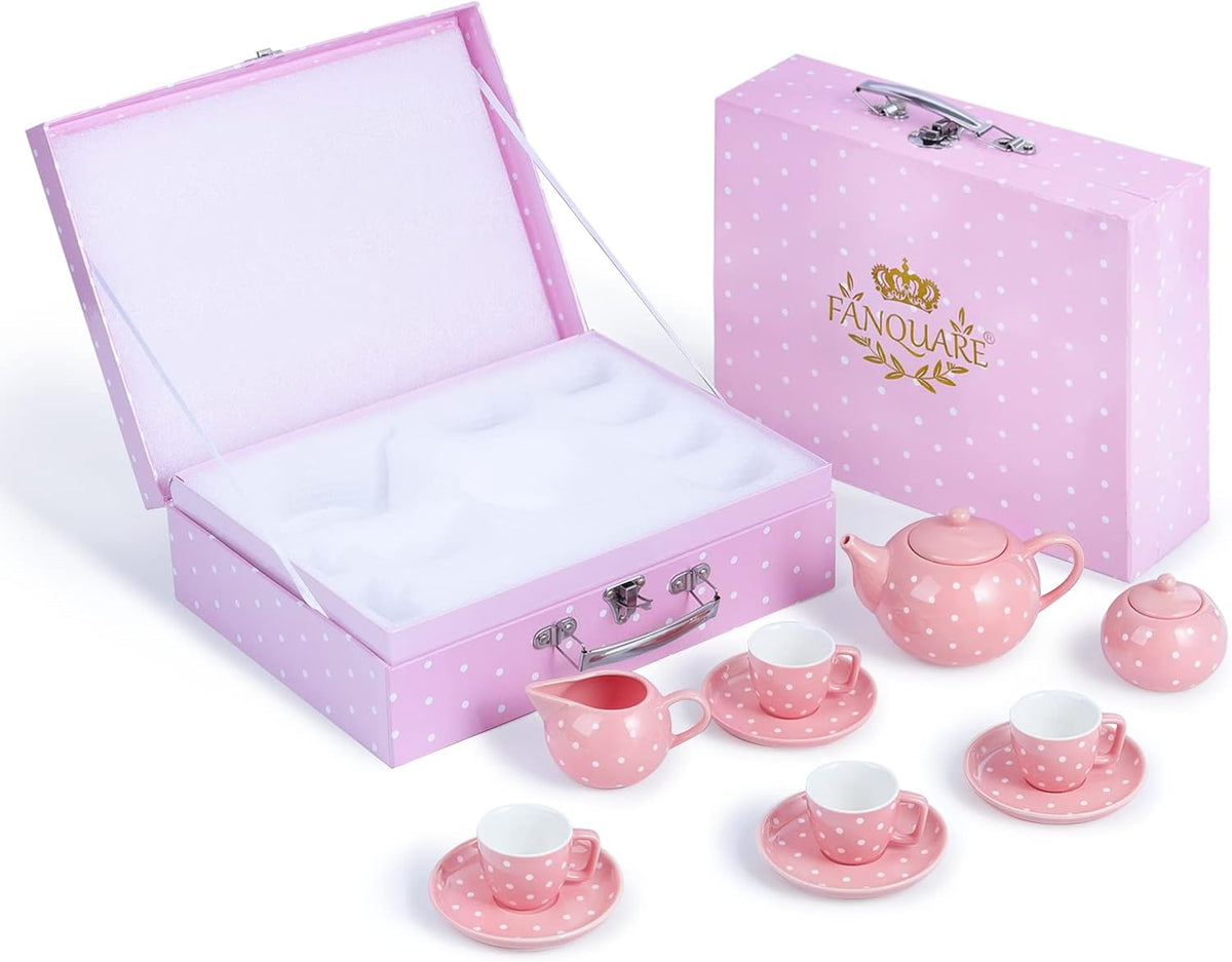 Porcelain Tea Service Set for Girls Women, 12Pieces Pink and Polka Dot Tea Sets with Box for Holiday Gifting Party