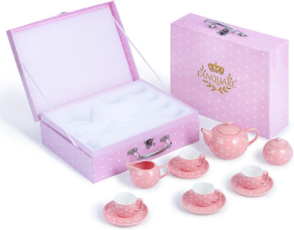Porcelain Tea Service Set for Girls Women, 12Pieces Pink and Polka Dot Tea Sets with Box for Holiday Gifting Party