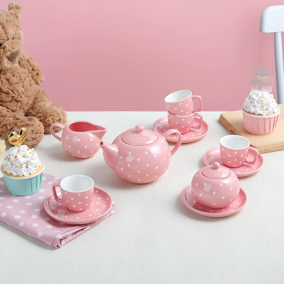 Porcelain Tea Service Set for Girls Women, 12Pieces Pink and Polka Dot Tea Sets with Box for Holiday Gifting Party
