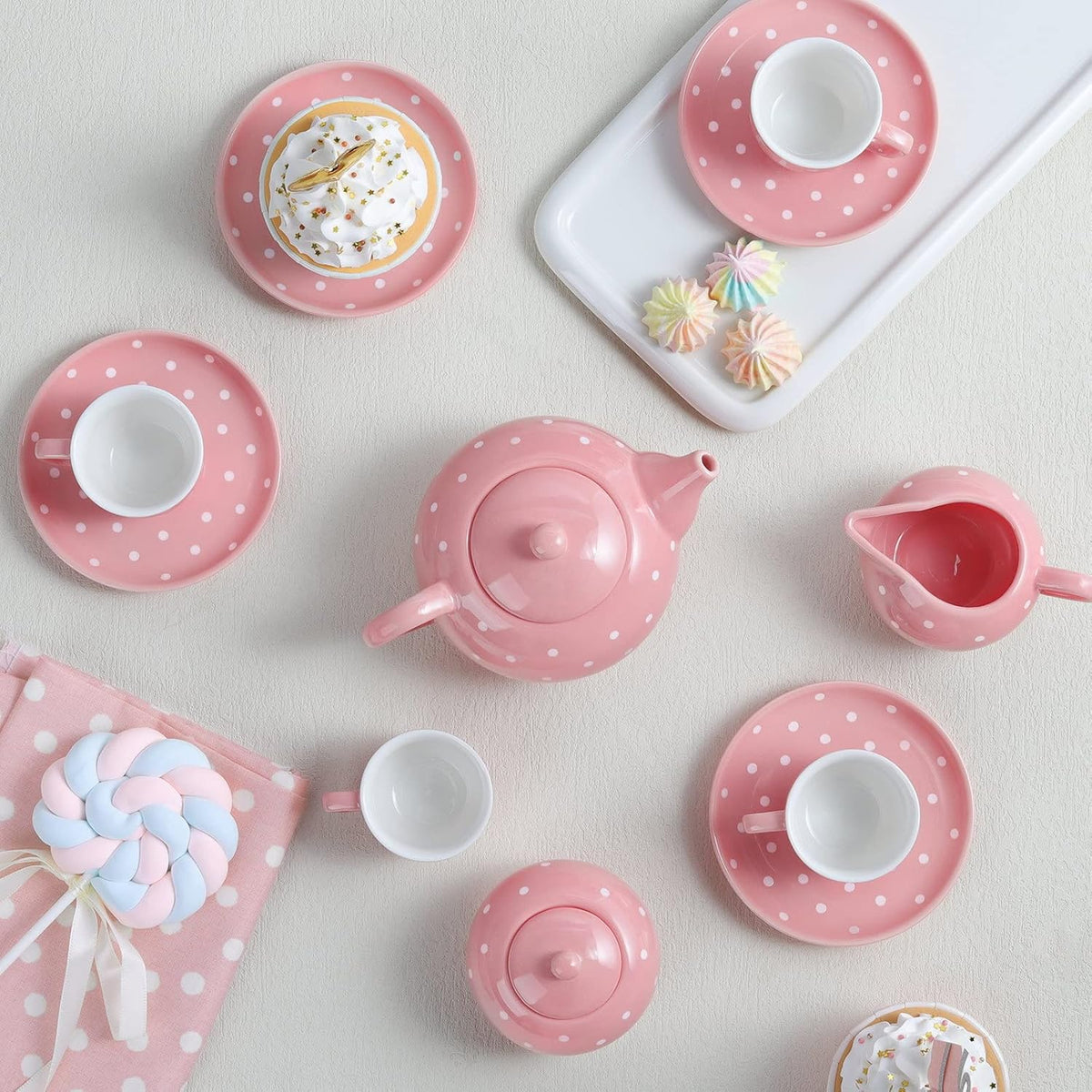 Porcelain Tea Service Set for Girls Women, 12Pieces Pink and Polka Dot Tea Sets with Box for Holiday Gifting Party