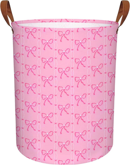 MYFLCOY Cute Bow Laundry Basket Collapsible Canvas Baby Nursery Gift hamper Teen Girls Coquette Bedroom Decor (Pink)