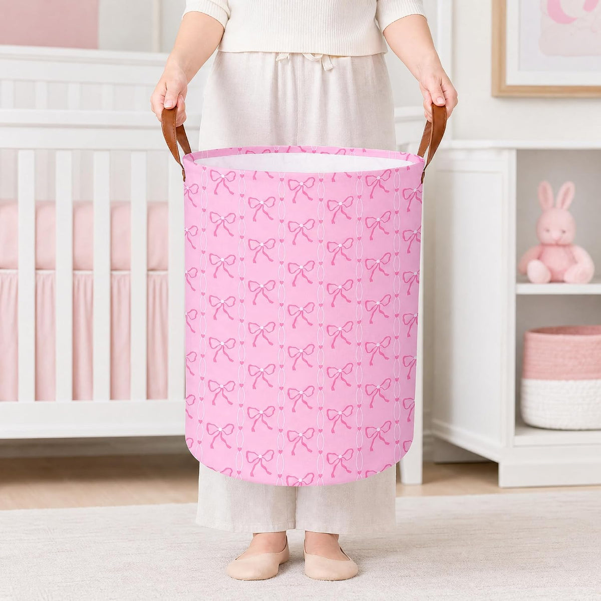 MYFLCOY Cute Bow Laundry Basket Collapsible Canvas Baby Nursery Gift hamper Teen Girls Coquette Bedroom Decor (Pink)