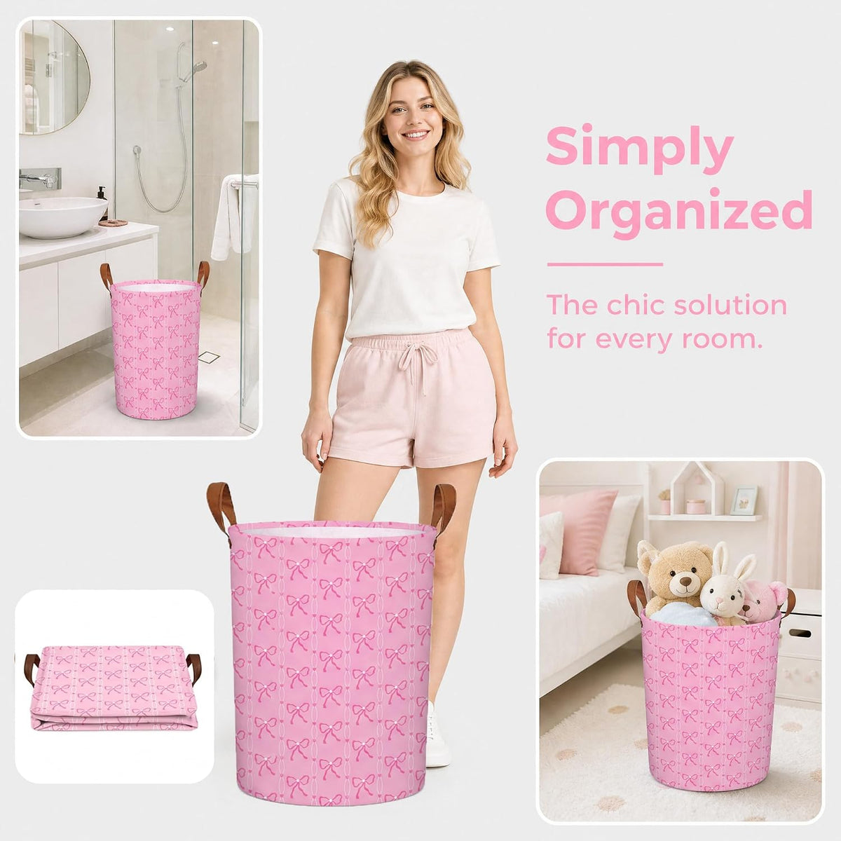 MYFLCOY Cute Bow Laundry Basket Collapsible Canvas Baby Nursery Gift hamper Teen Girls Coquette Bedroom Decor (Pink)