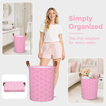 MYFLCOY Cute Bow Laundry Basket Collapsible Canvas Baby Nursery Gift hamper Teen Girls Coquette Bedroom Decor (Pink)